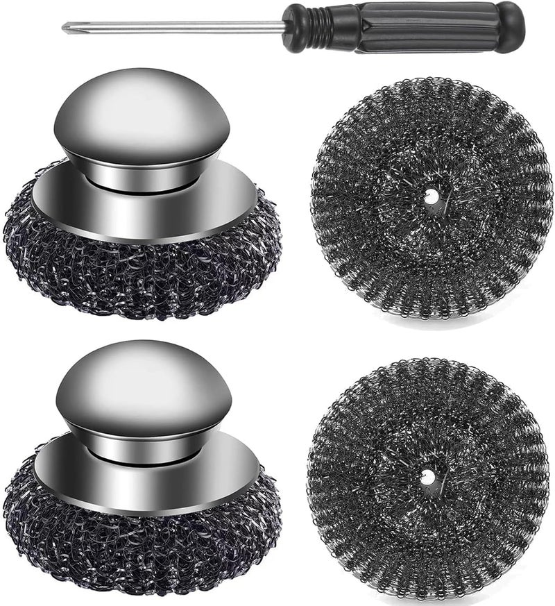 Klfte 2Pack Steel Wool Scrubber Set,Stainless Steel Scrubber with Stainless Steel Handle for Cleaning Dishes, Cast Iron, Stock Pots, Pans, Griddles, Grills - Image 1